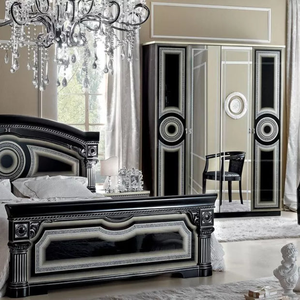 Aida Original High Lacquer Italian 4Doors Black-Silver Bedroom Set Camel Group