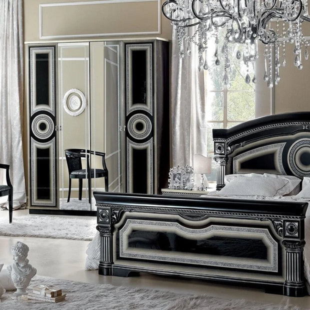 Aida Original High Lacquer Italian 4Doors Black-Silver Bedroom Set Camel Group