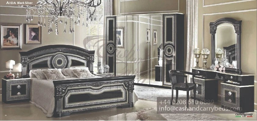 Aida Original High Lacquer Italian 4Doors Black-Silver Bedroom Set Camel Group