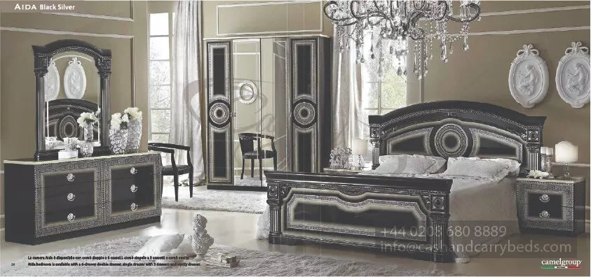 Aida Original High Lacquer Italian 4Doors Black-Silver Bedroom Set Camel Group
