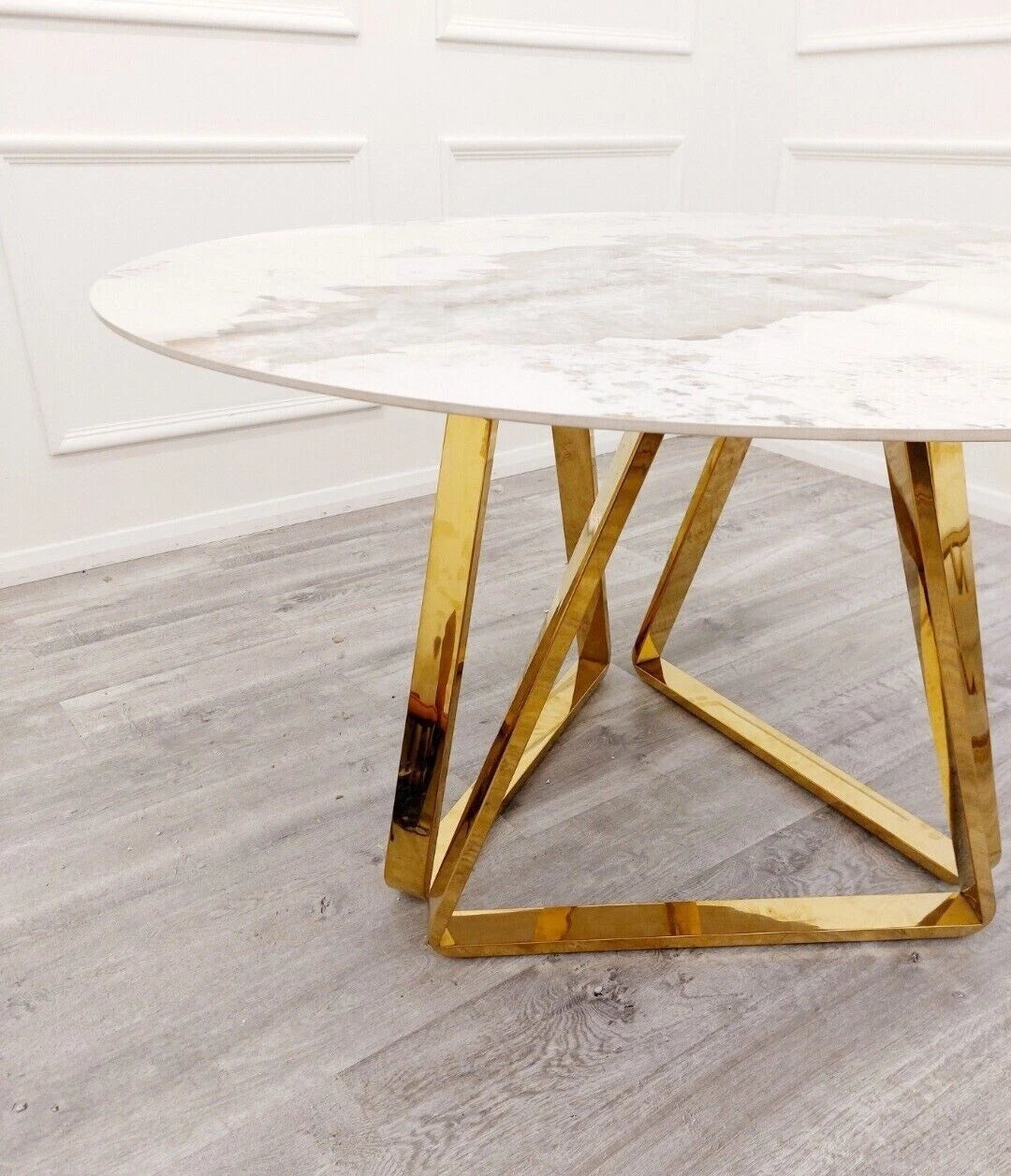 Nero Luxury Italian 1.3m Round White Marble Stone Gold Dining Table