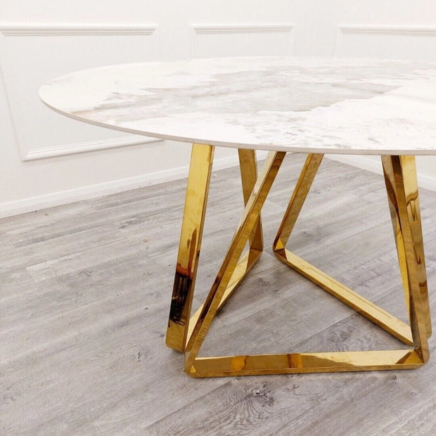 Nero Luxury Italian 1.3m Round White Marble Stone Gold Dining Table