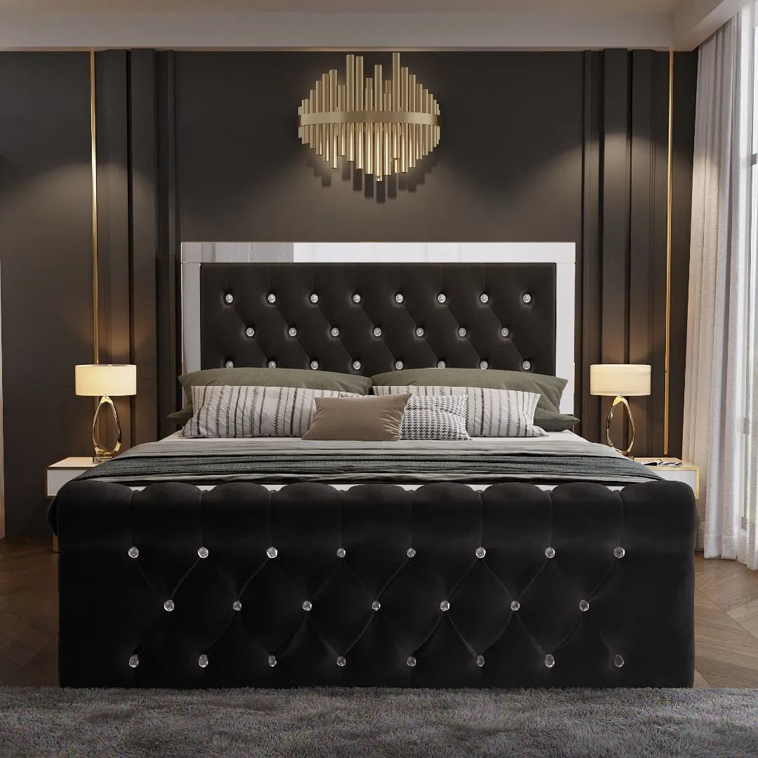 London Ottoman Storage Plush Velvet Mirror Headboard + USB Charging Port