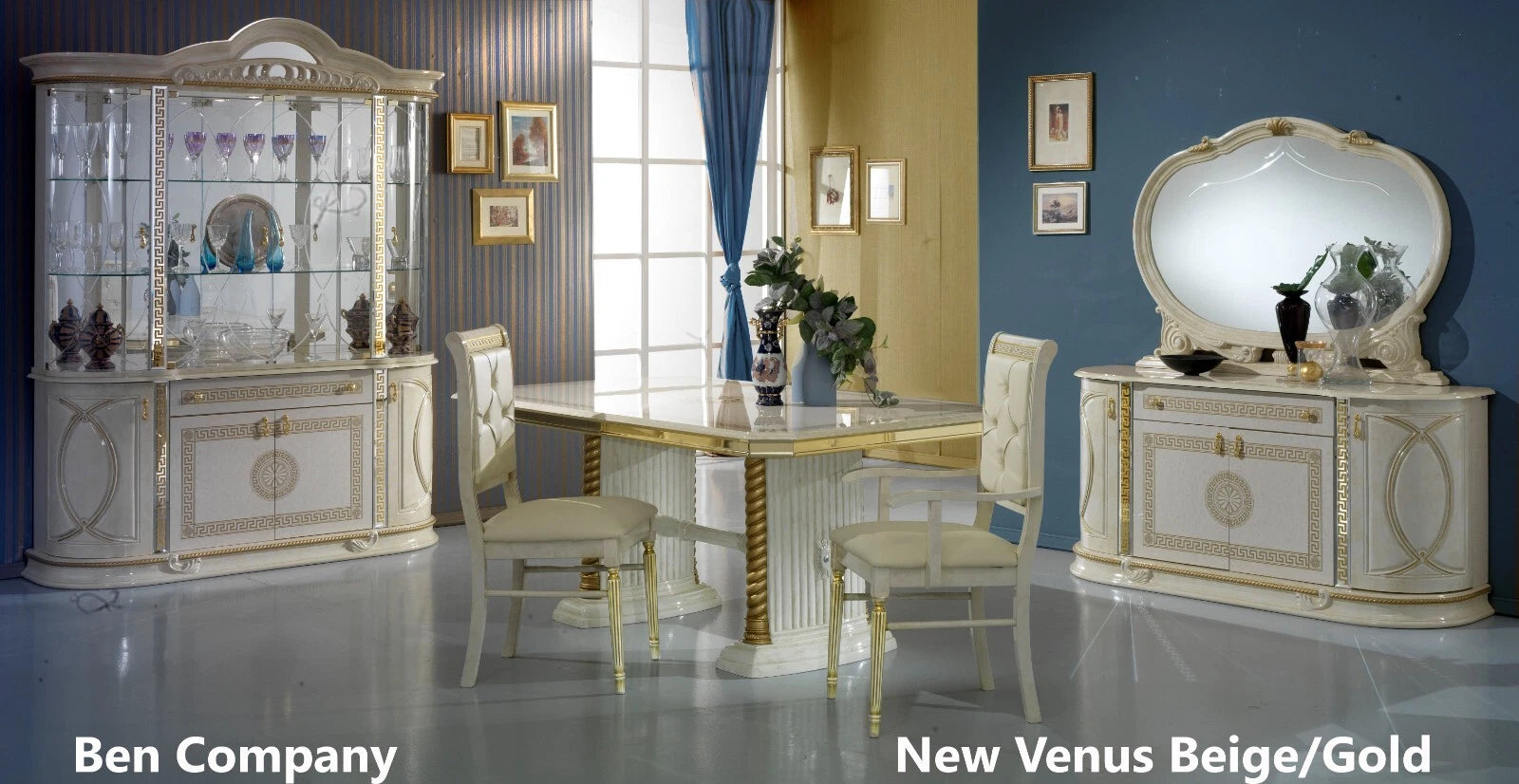 NEW VENUS ITALIAN BEIGE/GOLD ITALIAN HIGH GLOSS 2 DOOR DISPLAY CABINET BEN COMPANY