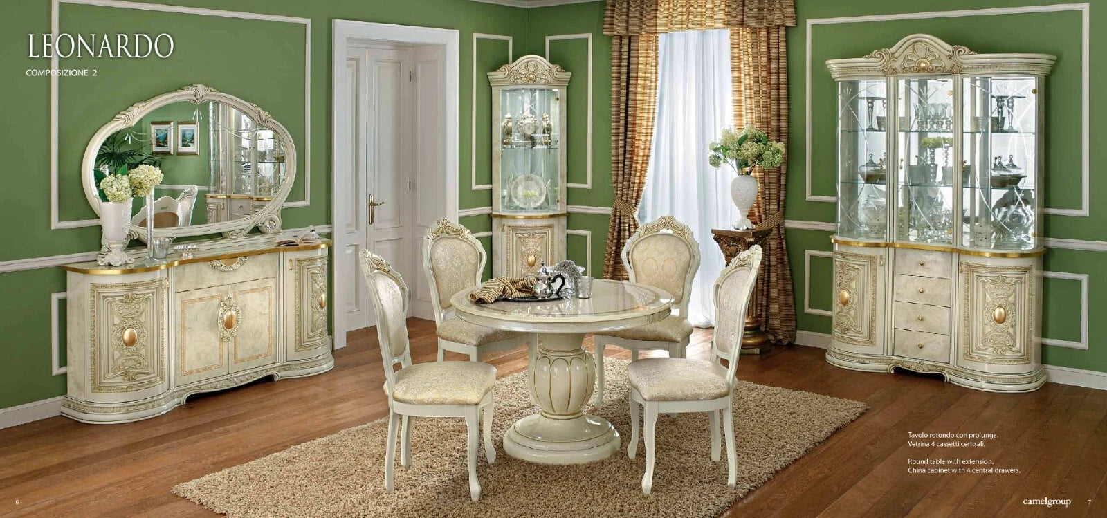 Leonardo Ivory/Gold  Round Extension Dining Set with 4 Chair Camel Group