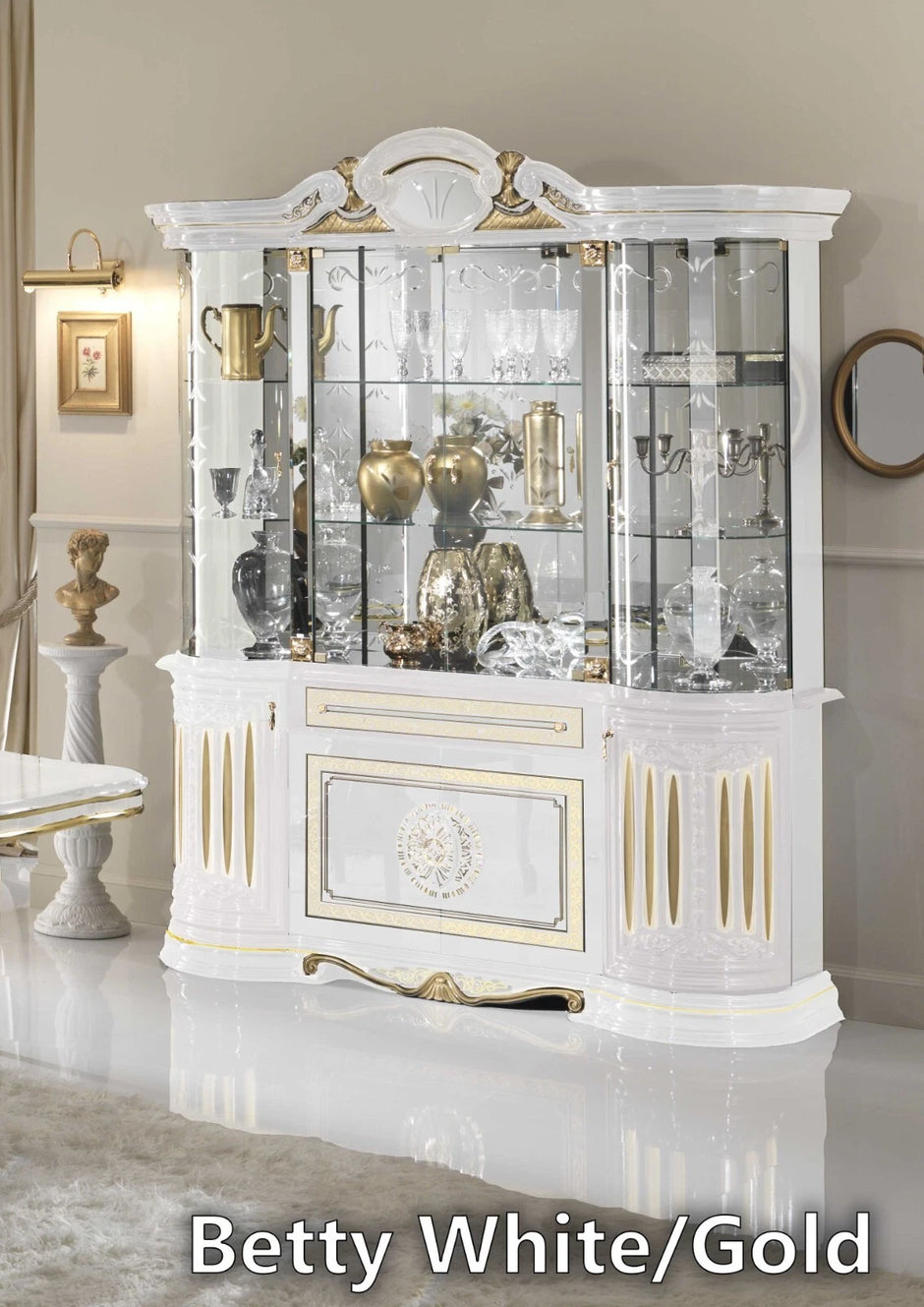 BETTY WHITE & GOLD ITALIAN HIGH GLOSS 4 DOORS VITRINE/DISPLAY UNIT BEN COMPANY