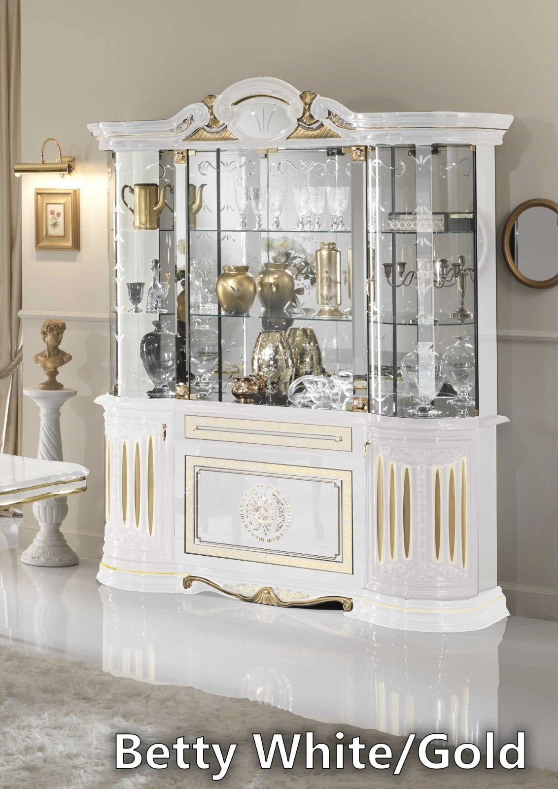 BETTY WHITE & GOLD ITALIAN HIGH GLOSS 4 DOORS VITRINE/DISPLAY UNIT BEN COMPANY