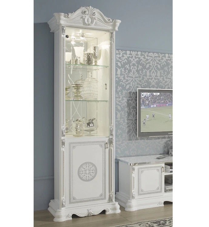 Greta Stunning Italian High Gloss Single Doors Vitrine/Cabinet White/silver