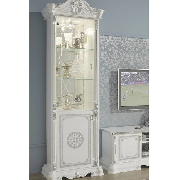 Greta Stunning Italian High Gloss Single Doors Vitrine/Cabinet White/silver