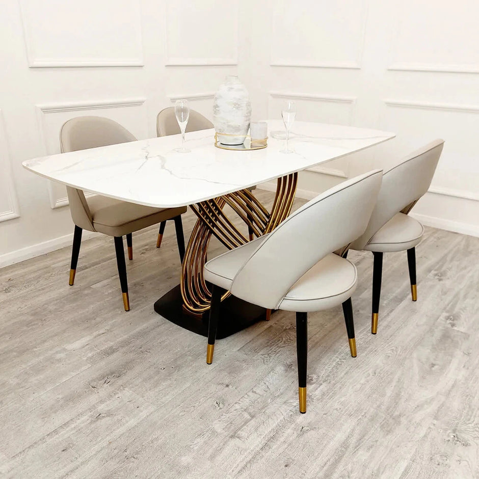 New Orion Gold Luxury Italian 1.8m White Marble Stone Dining Table +6 Chairs Set