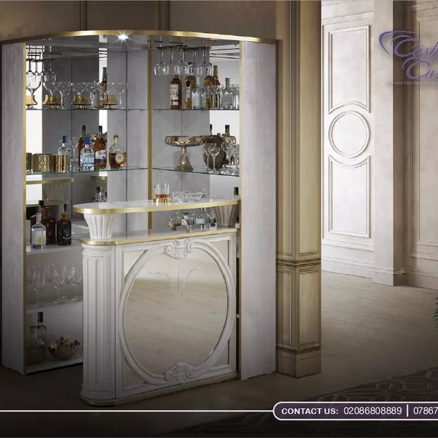 Tiffanie Italian Luxury High Gloss Beige & Gold Mirror Front Corner Bar Unit H2O