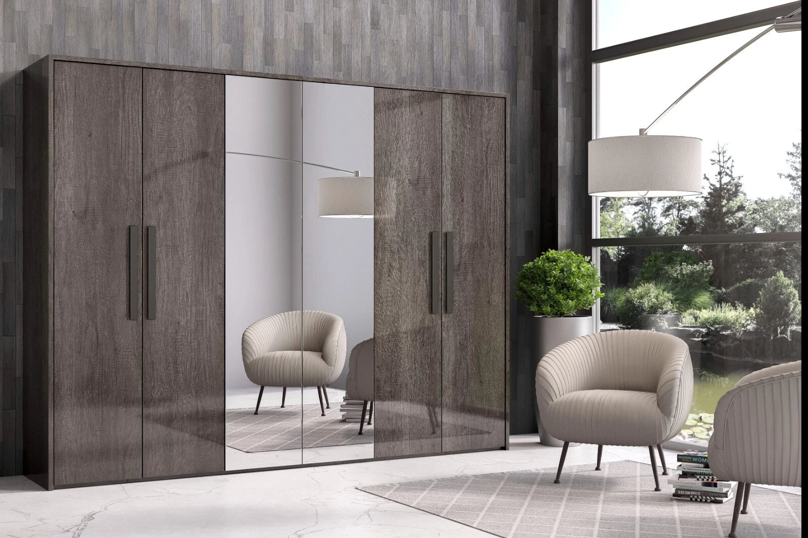 New Divina Canyon Oak Glossy Italian Bedroom 4 Door Wardrobe Set H2O Design