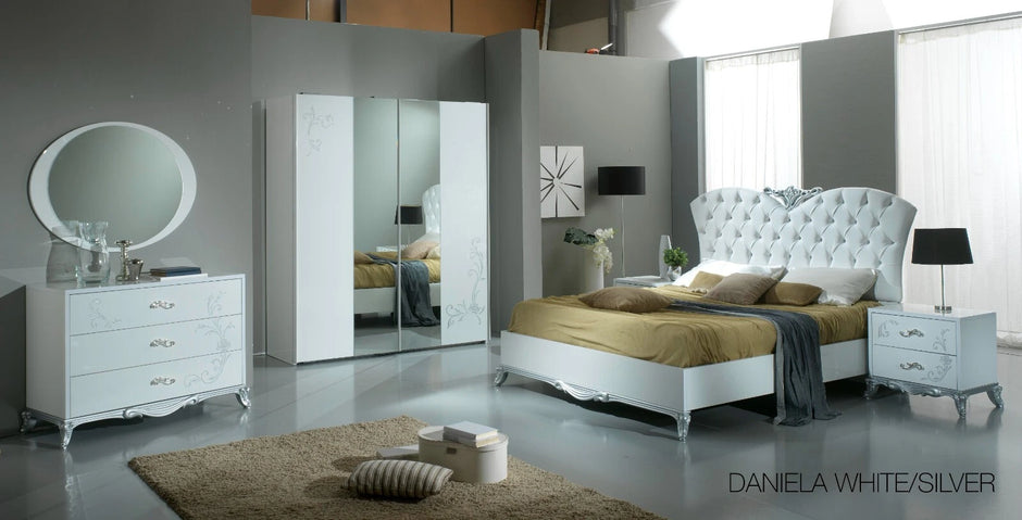 Daniela Italian Bedroom Set with 2 Door Sliding Wardrobe White/Silver Ben Italia