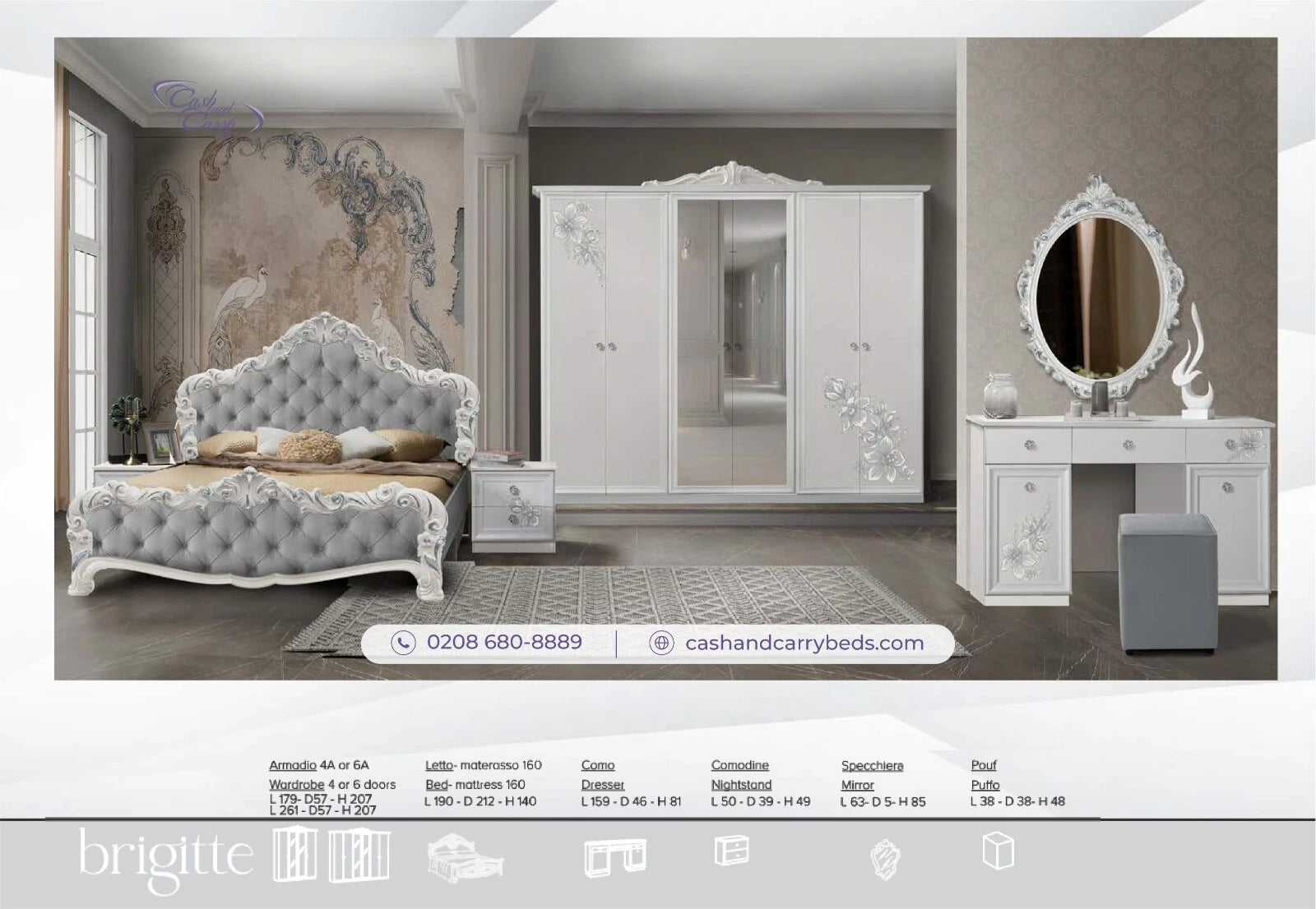 New BRIGITTE Italian Bedroom Set with 6 Door + Vanity Dresser+Mirror £1599 GREY