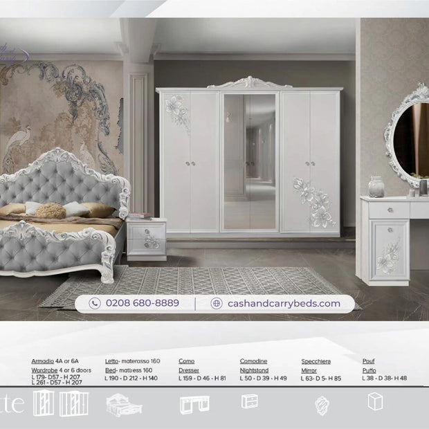 New BRIGITTE Italian Bedroom Set with 6 Door + Vanity Dresser+Mirror £1599 GREY