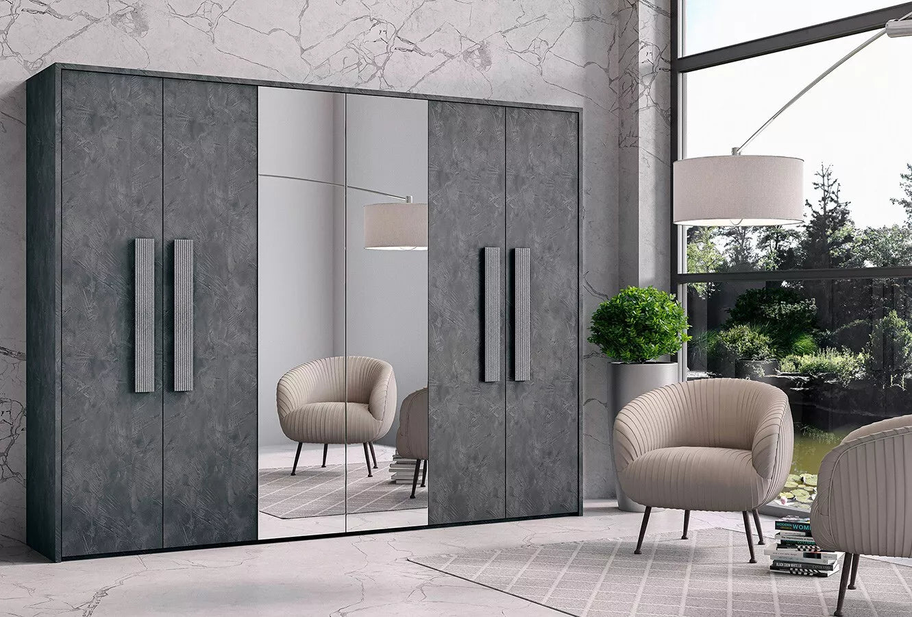 H2O Dora-Resina Italian Bedroom Set with 4 Door Wardrobe in Twin Grey Colour