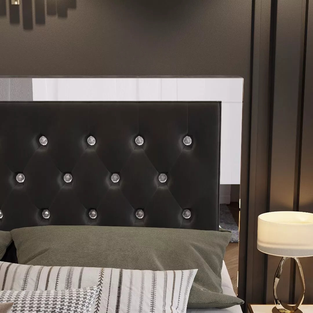 London Ottoman Storage Plush Velvet Mirror Headboard + USB Charging Port