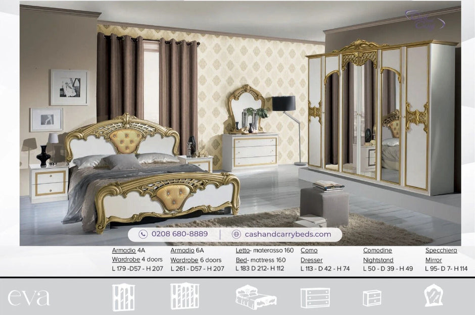 BEAUTIFUL EVA ITALIAN 6 DOORS BEDROOM SET (6Pcs) SPECIAL OFFER WHITE/GOLD