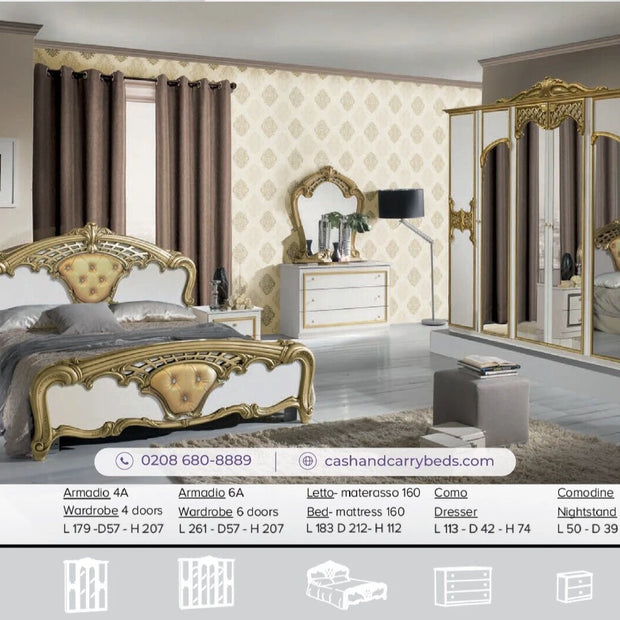 BEAUTIFUL EVA ITALIAN 6 DOORS BEDROOM SET (6Pcs) SPECIAL OFFER WHITE/GOLD