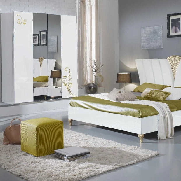 Sofia White-Gold Italian Bedroom Set with 2 Door Sliding Wardrobe Ben Company it