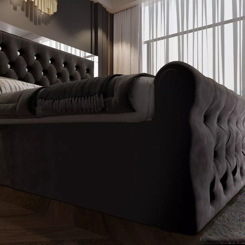 London Ottoman Storage Plush Velvet Mirror Headboard + USB Charging Port