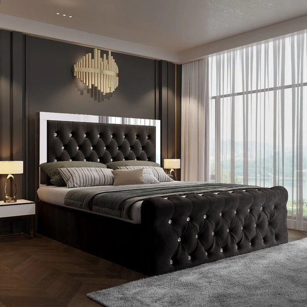 Plush Velvet Chesterfield Mirrored Headboard Style Gas Lift Storage Bed Frame