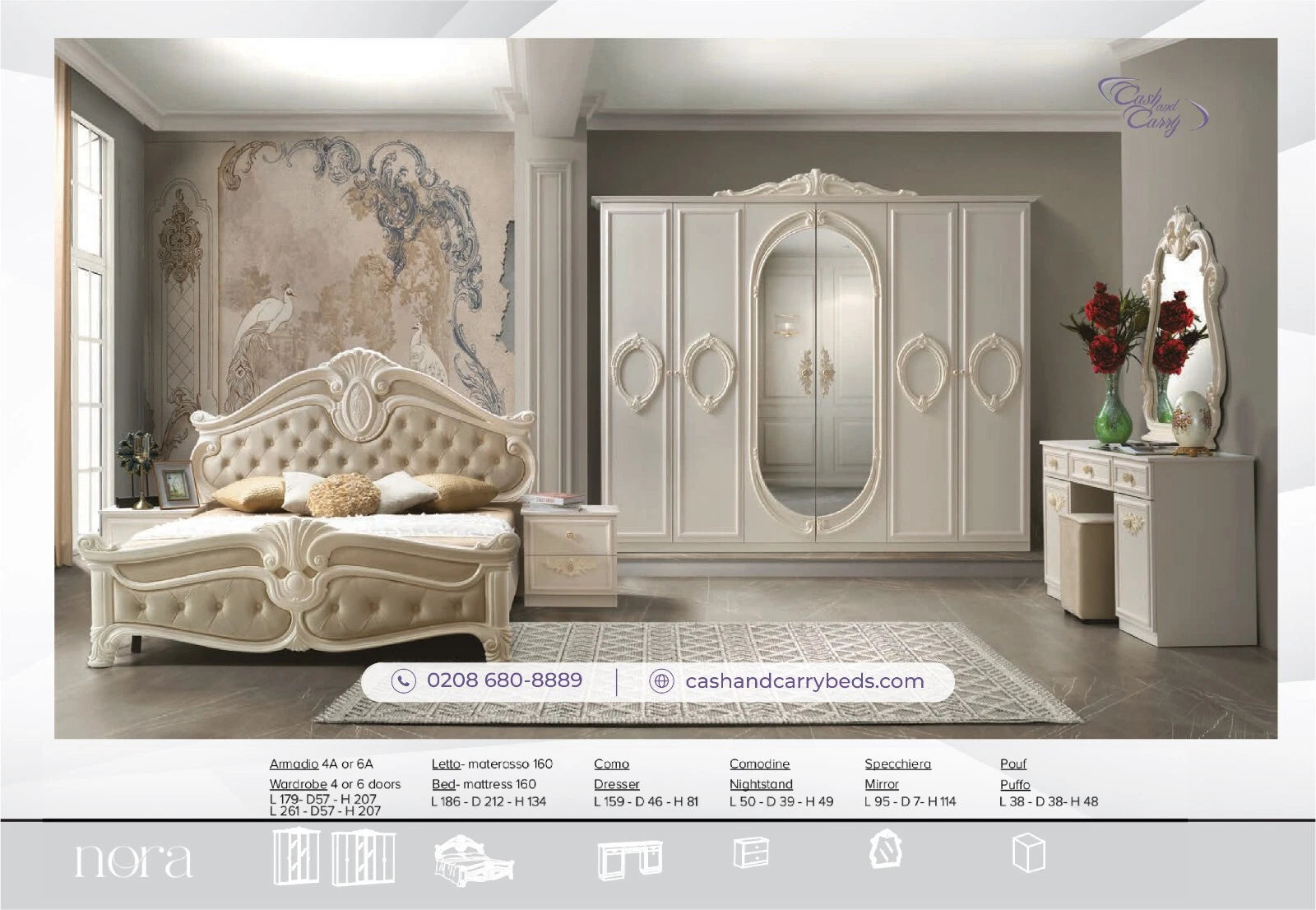 Luxury NORA Italian High Gloss Bedroom with 6 Doors+ Vanity Dresser  Beige/Gold