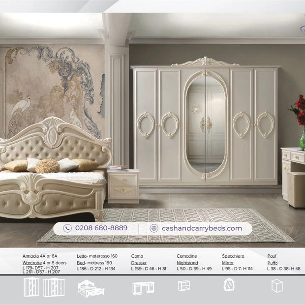 Luxury NORA Italian High Gloss Bedroom with 6 Doors+ Vanity Dresser  Beige/Gold