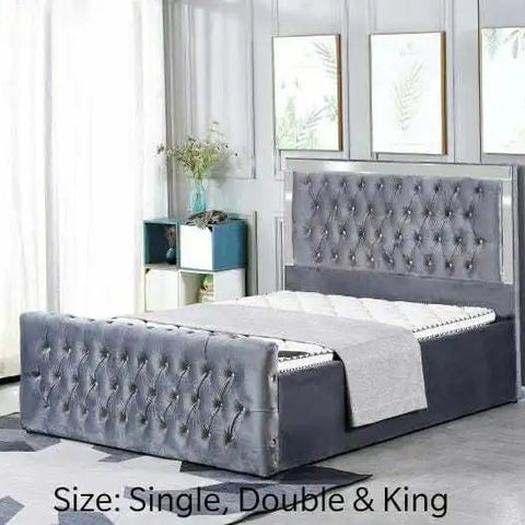 London Ottoman Storage Plush Velvet Mirror Headboard + USB Charging Port