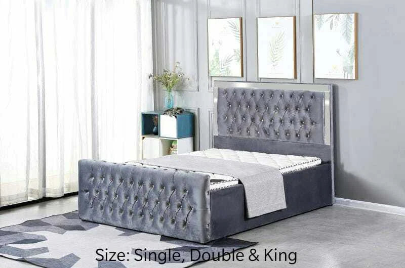Plush Velvet Chesterfield Mirrored Headboard Style Gas Lift Storage Bed Frame