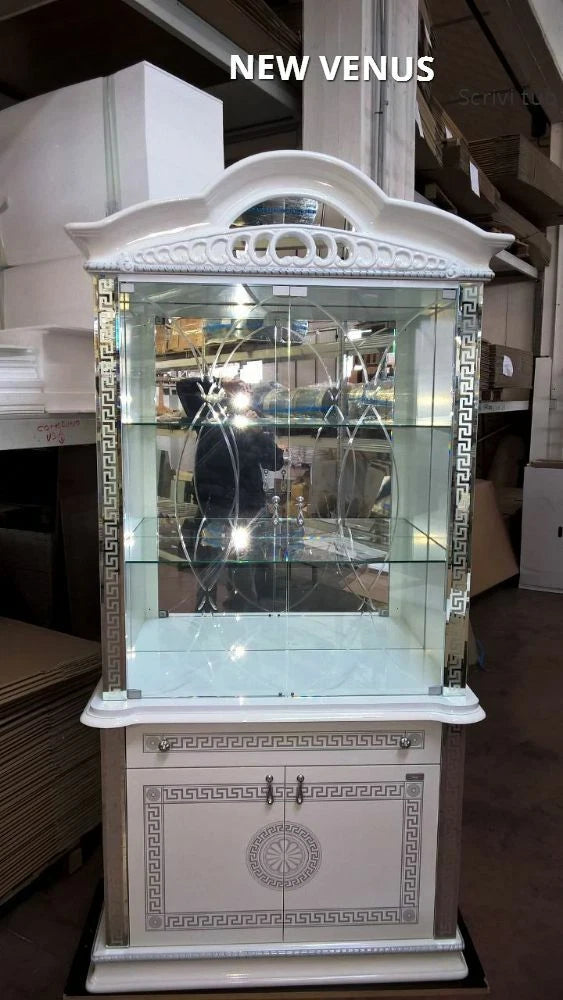 NEW VENUS ITALIAN WHITE/SILVER ITALIAN HIGH GLOSS 2 DOOR DISPLAY CABINET BEN COMPANY