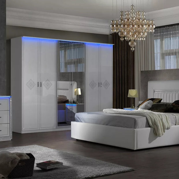 Luxury Gema Storage With LED Lights H/Gloss Italian Bedroom Set 6 Door wardrobe