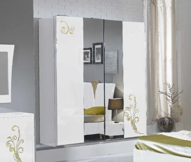 Sofia White-Gold Italian Bedroom Set with 2 Door Sliding Wardrobe Ben Company it
