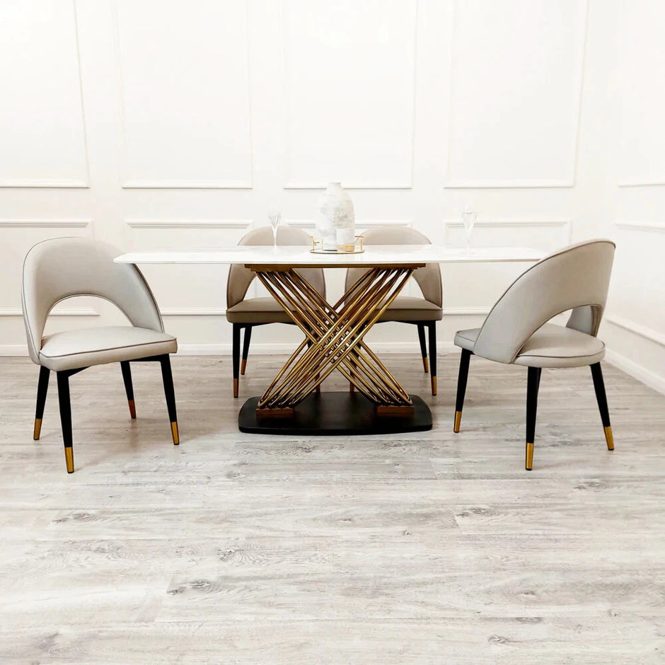 New Orion Gold Luxury Italian 1.8m White Marble Stone Dining Table +6 Chairs Set
