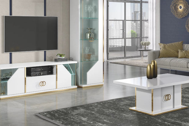 Vogue Italian Tv Cabinet & Coffee Table In White-Gold High Gloss Speical Offer
