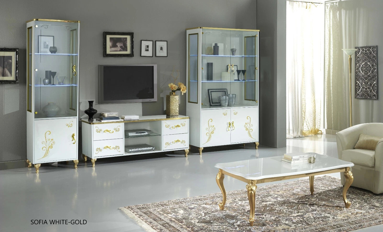 Sofia Italian White/Gold Coffee Table,TV, 1 / 2 Doors Italian Furniture Ben Comp