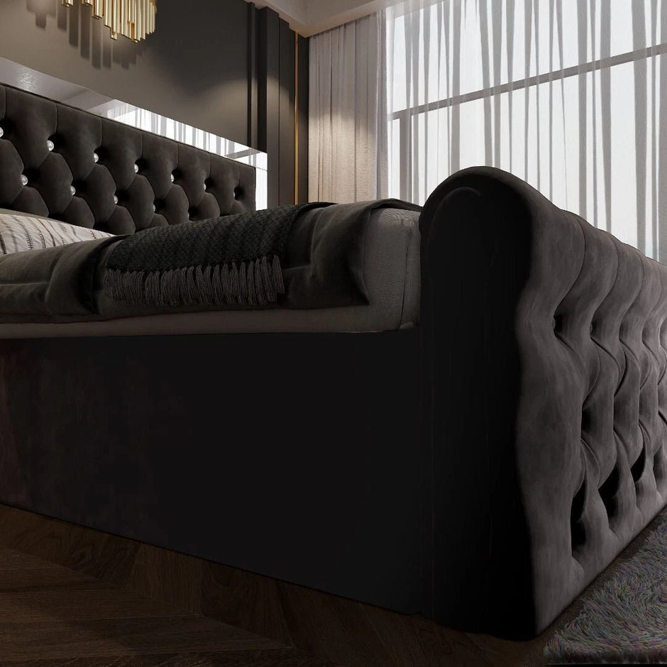 Plush Velvet Chesterfield Mirrored Headboard Style Gas Lift Storage Bed Frame