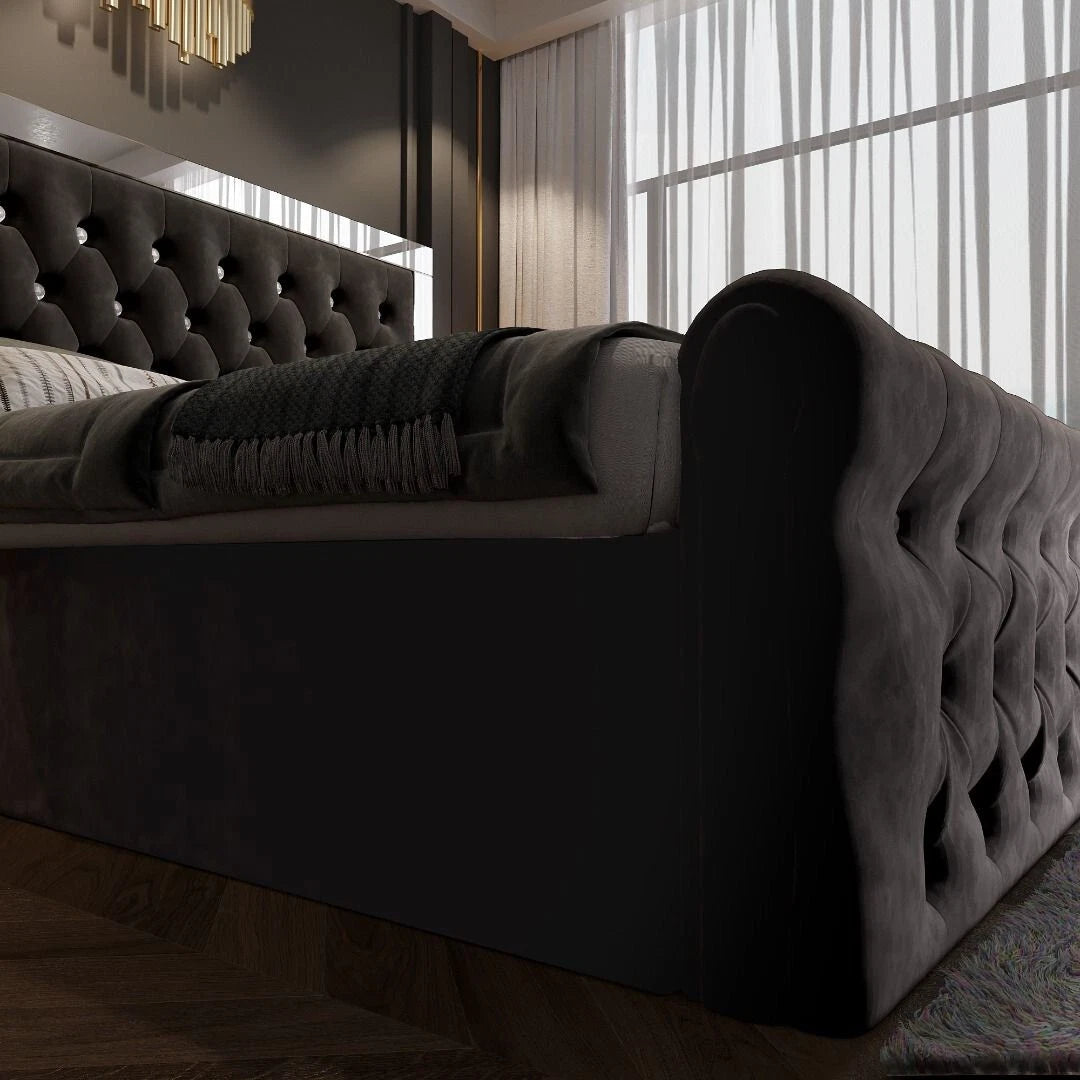 Plush Velvet Chesterfield Mirrored Headboard Style Gas Lift Storage Bed Frame