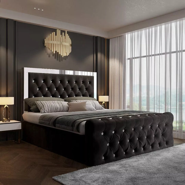 London Ottoman Storage Plush Velvet Mirror Headboard + USB Charging Port