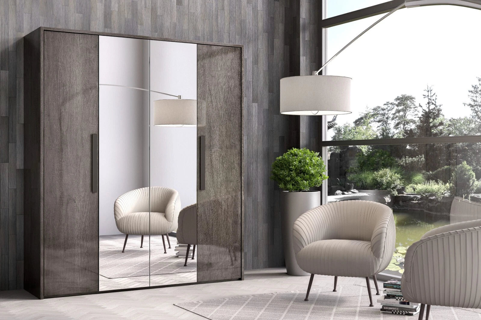 New Divina Canyon Oak Glossy Italian Bedroom 4 Door Wardrobe Set H2O Design