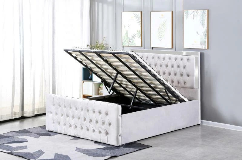 Plush Velvet Chesterfield Mirrored Headboard Style Gas Lift Storage Bed Frame