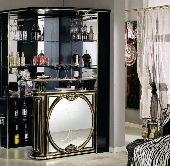 Tiffanie Italian Luxury High Gloss Black-Gold Corner Bar unit H2O Design
