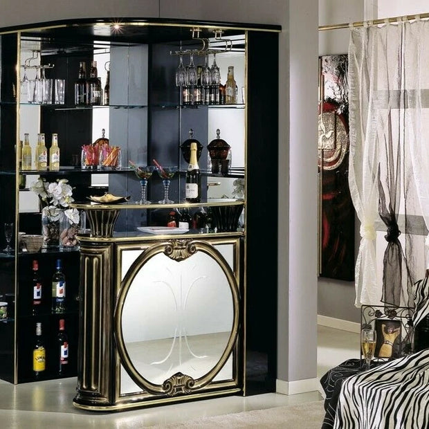 Tiffanie Italian Luxury High Gloss Black-Gold Corner Bar unit H2O Design