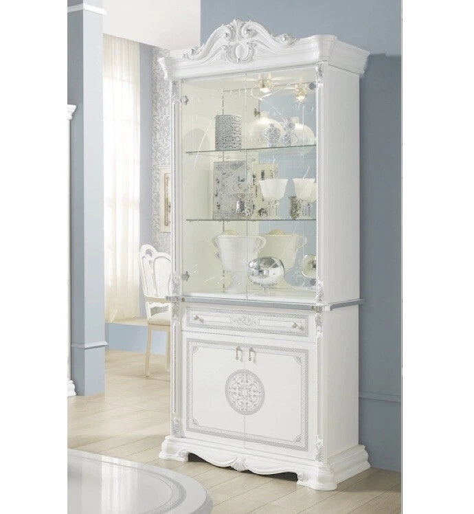 Greta Stunning Italian High Gloss Single Doors Vitrine/Cabinet White/silver