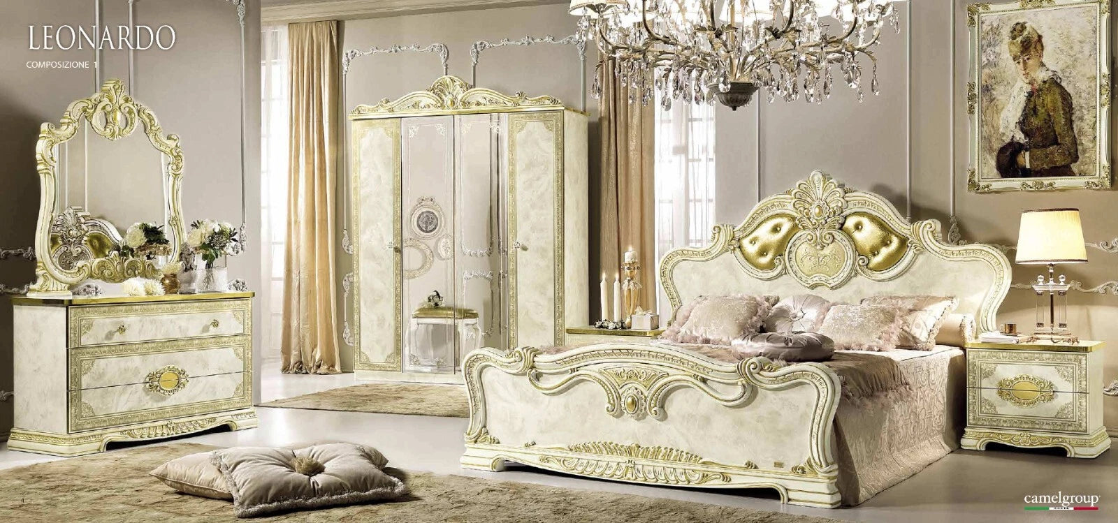 Luxury Leonardo Italian Bedroom Furniture set Ivory-Gold Camel Group-OFFER £2699