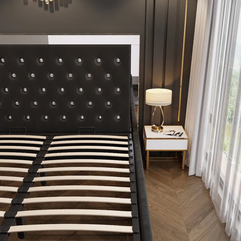 Plush Velvet Chesterfield Mirrored Headboard Style Gas Lift Storage Bed Frame