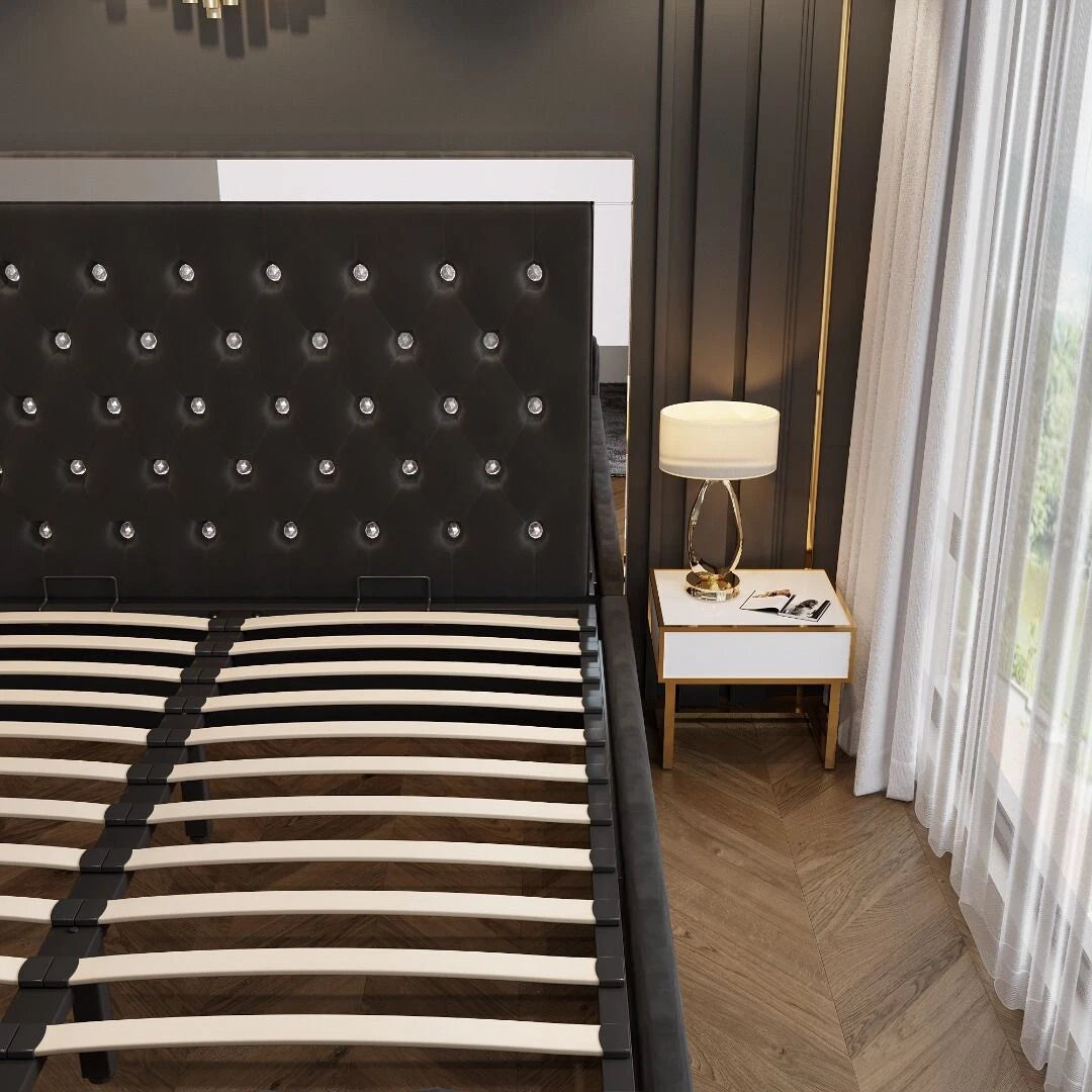 Plush Velvet Chesterfield Mirrored Headboard Style Gas Lift Storage Bed Frame