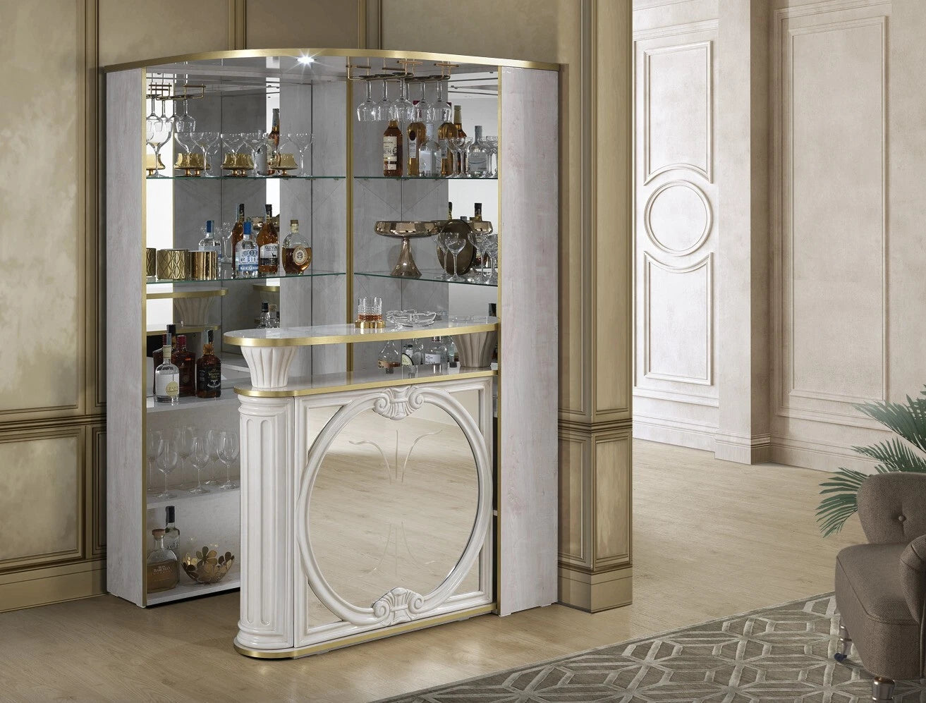 Tiffanie Italian Luxury High Gloss Beige & Gold Corner Bar Unit H2O Design