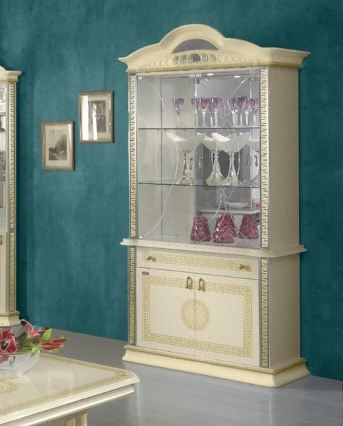 NEW VENUS ITALIAN BEIGE/GOLD ITALIAN HIGH GLOSS 2 DOOR DISPLAY CABINET BEN COMPANY