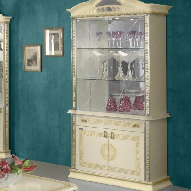 NEW VENUS ITALIAN BEIGE/GOLD ITALIAN HIGH GLOSS 2 DOOR DISPLAY CABINET BEN COMPANY